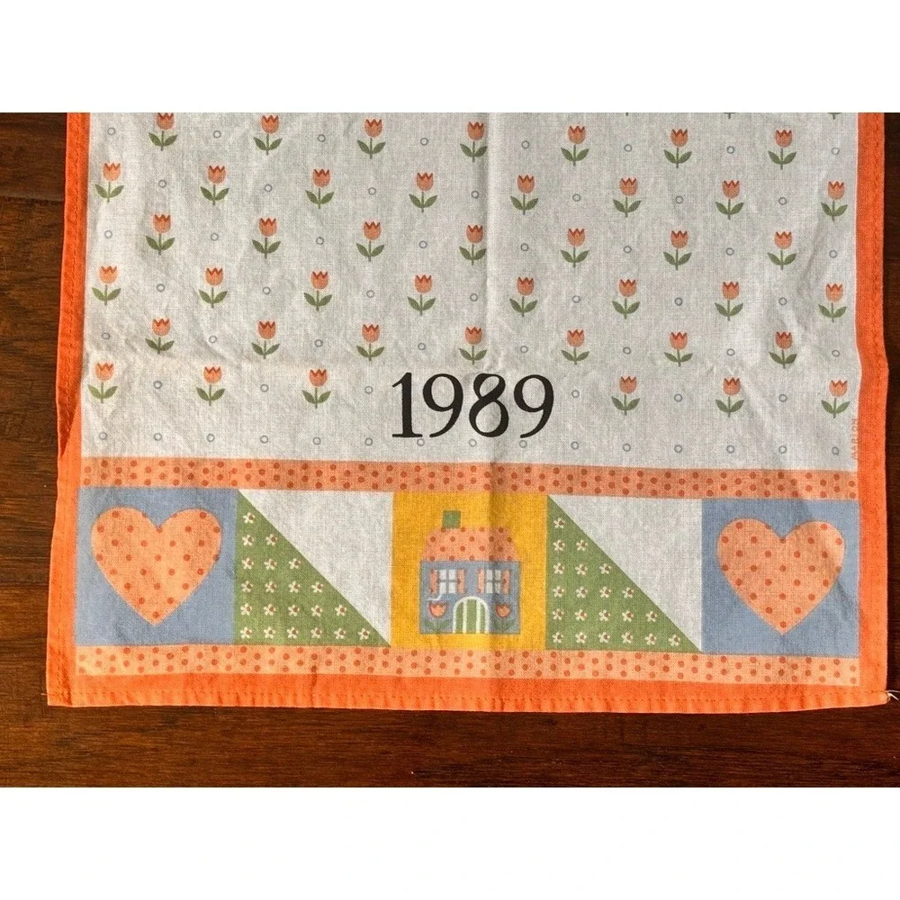 Vintage 1989 Calendar Tea Towel Tulips Hearts Folk Art Kitchen Dish Towel Orange